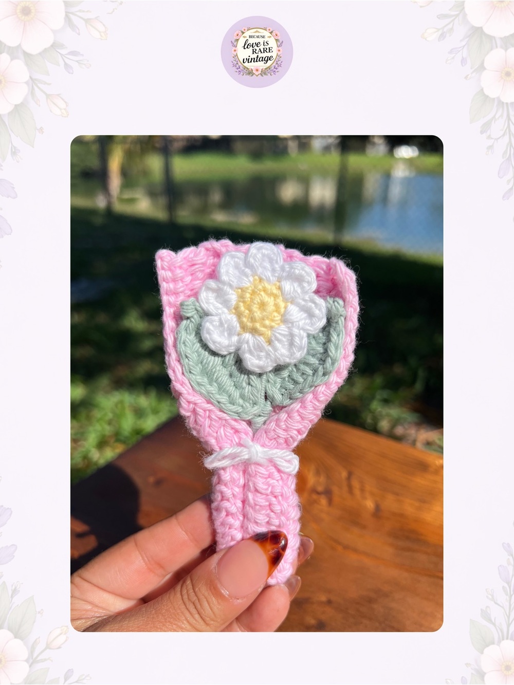 Crochet Daisy Flower • White, Green & Pink Mini Bouquet